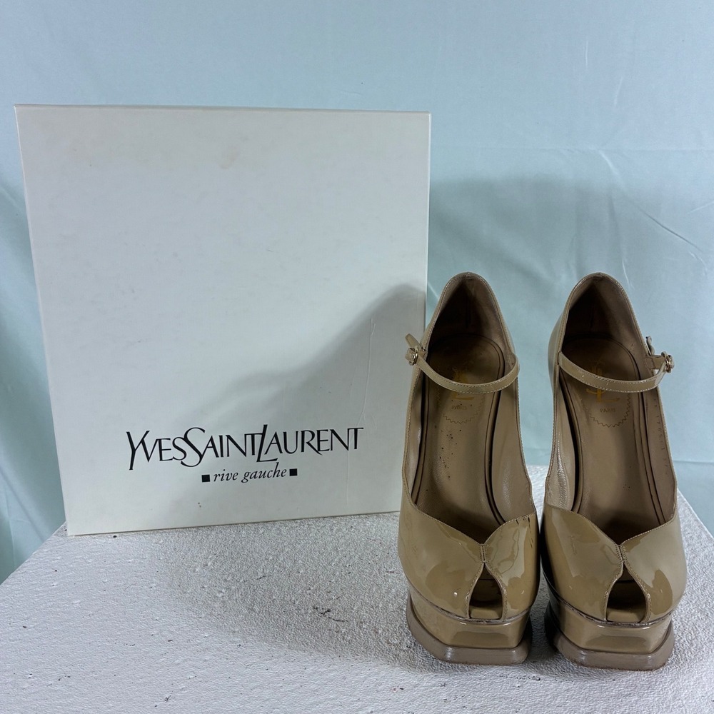 Yves Saint Laurent Tribute 105 Pump Patent Leather Beige Platform Heel 37.5
